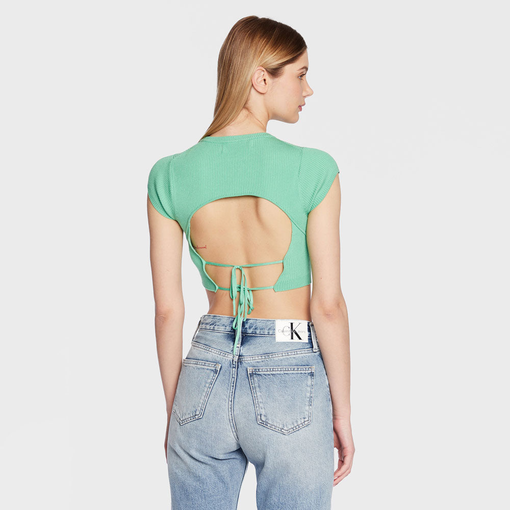 Open Back Tied Knitted Top - Green