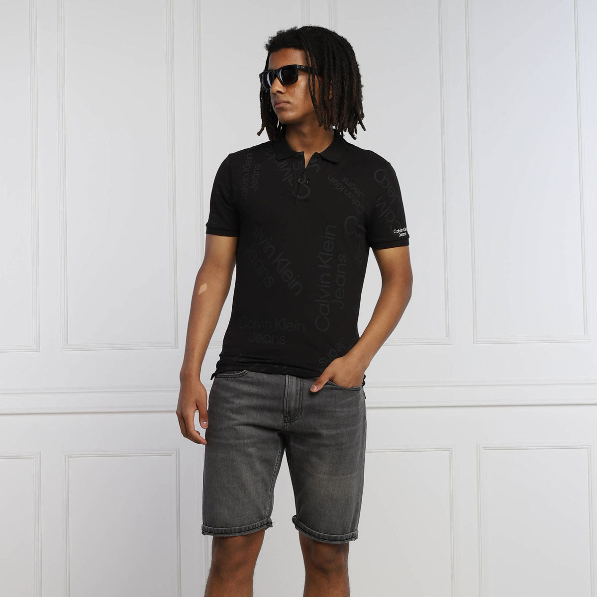 Polo Short Sleeve All Over Print Cotton Shirt - Black