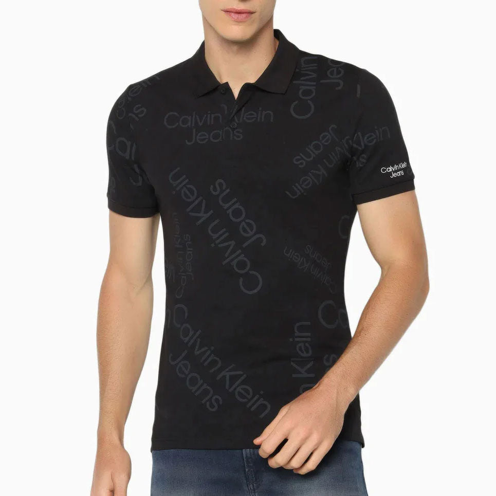 Polo Short Sleeve All Over Print Cotton Shirt - Black