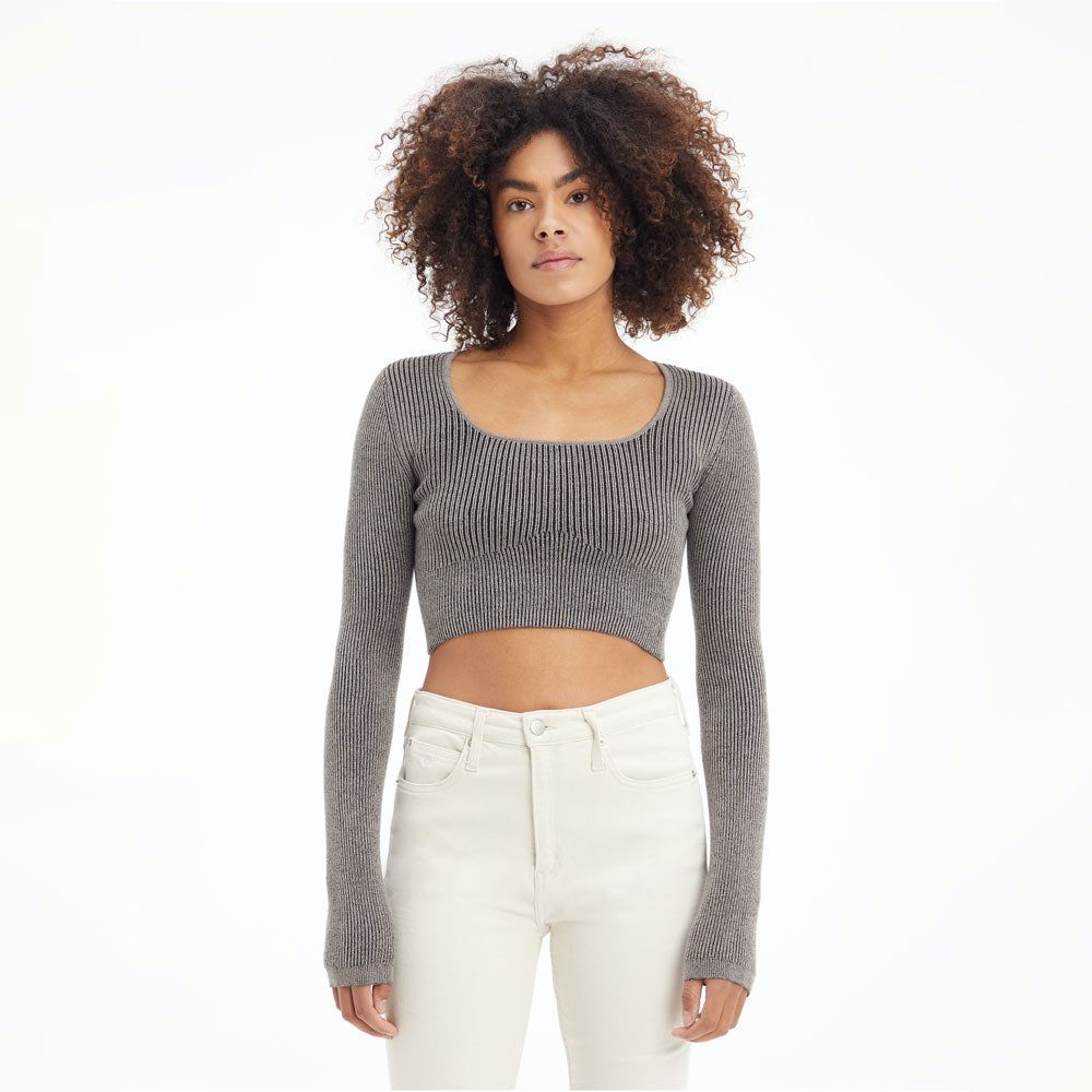 Square Neck Plating Sweater - Taupe