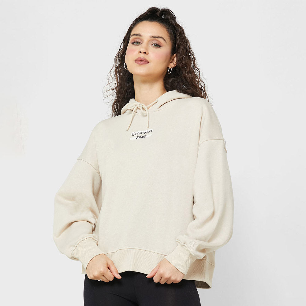 Stripe Logo Relaxed Hoodie - Beige