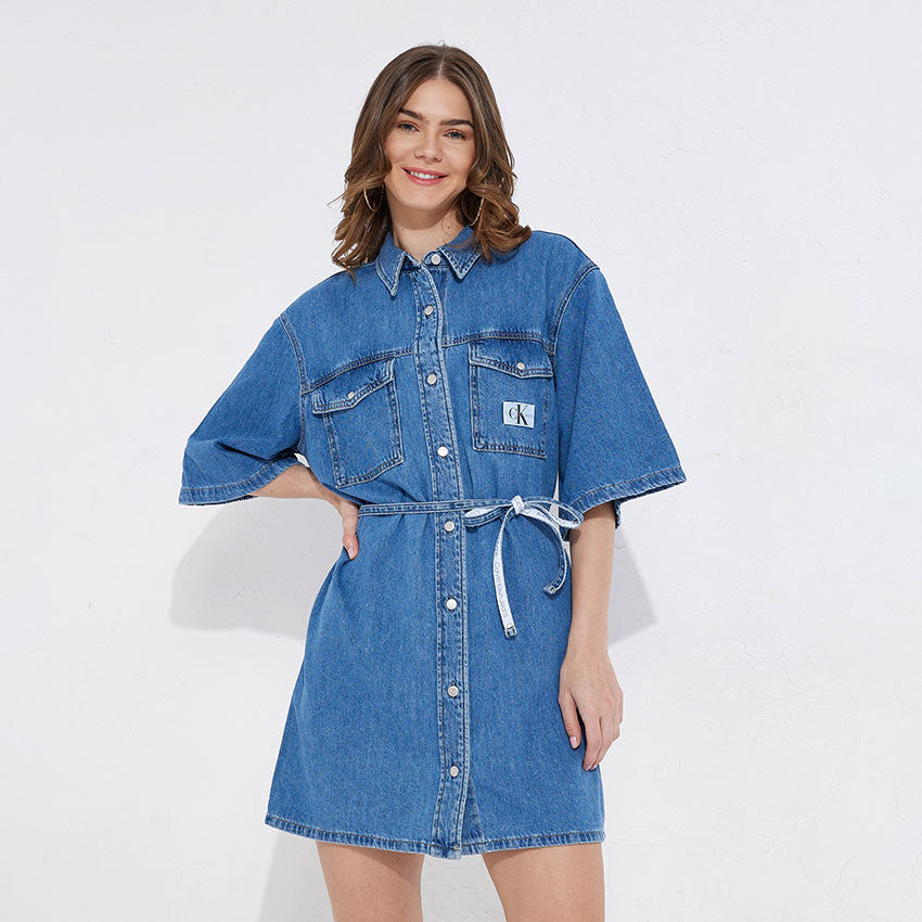 Utility Belted Shirt Dress - Denim Dark