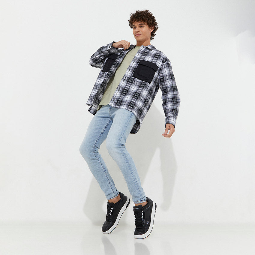 Contrast Pocket Check Overshirt- Black & White