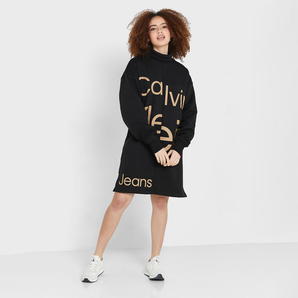 Disrupted Logo Roll Neck Dress - Black