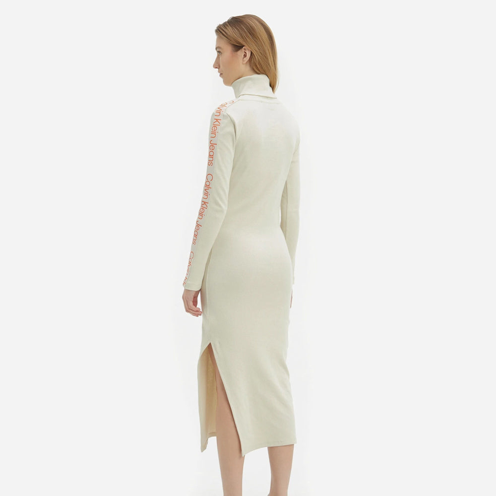 Logo Tape Roll Neck Rib Dress - Off White