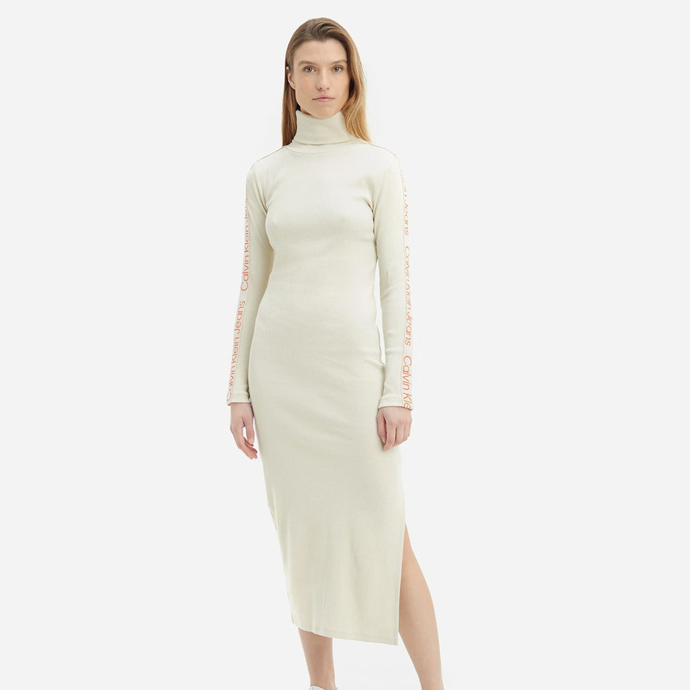 Logo Tape Roll Neck Rib Dress - Off White