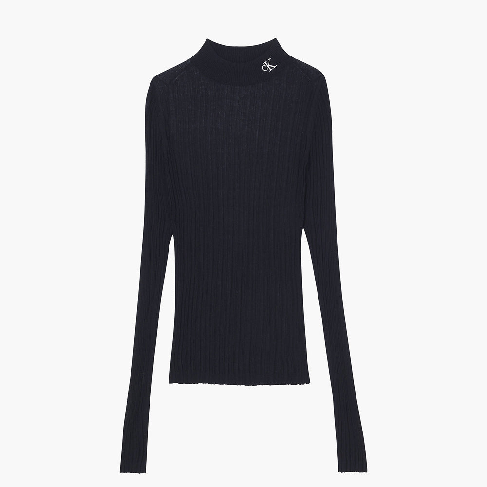 Sheer Yarn Mock Neck Sweater- Black