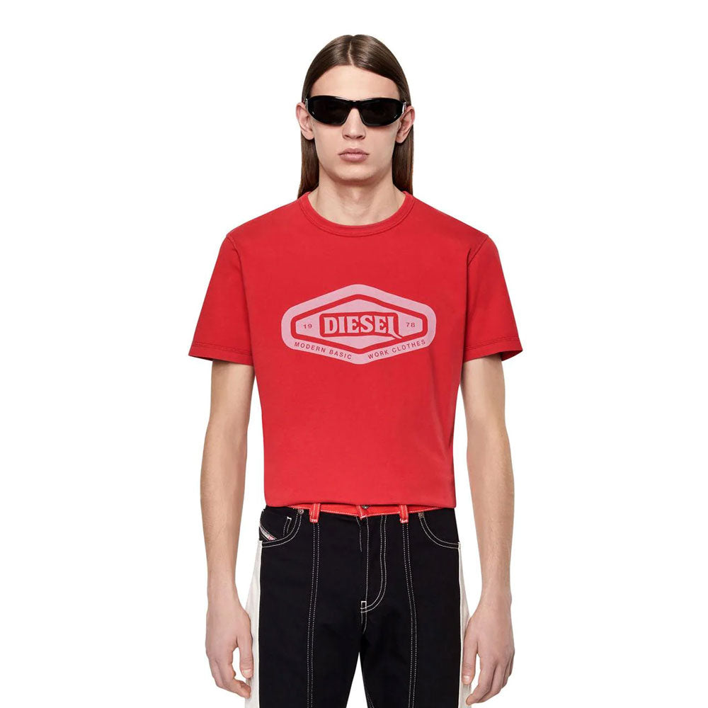 Cotton T-Shirt With Modern Basic Work Clothes Logo - Red