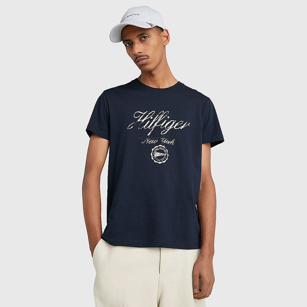 Faded Script Print T-Shirt - Navy