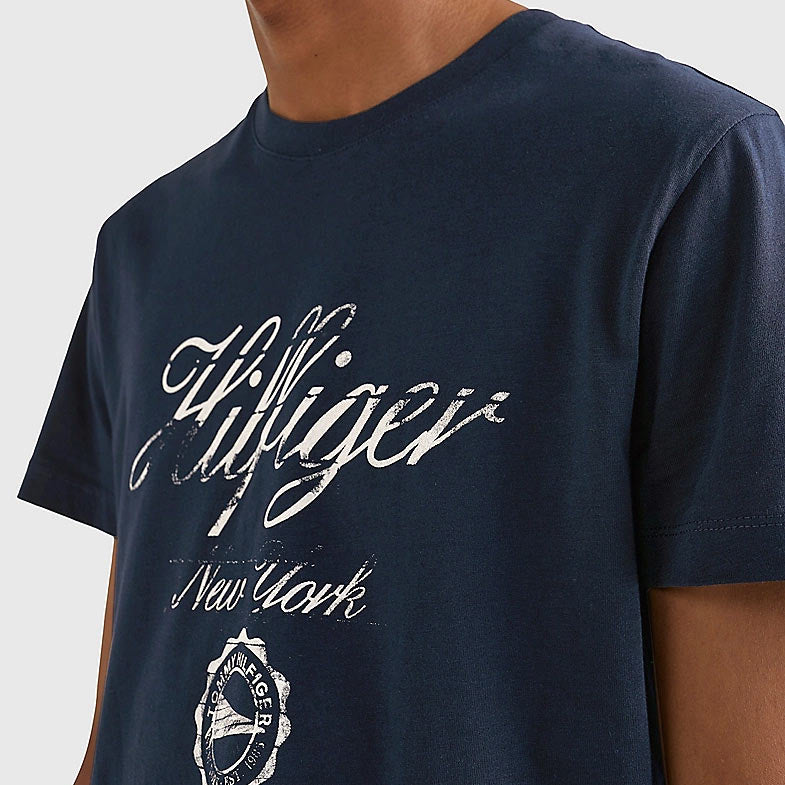 Faded Script Print T-Shirt - Navy