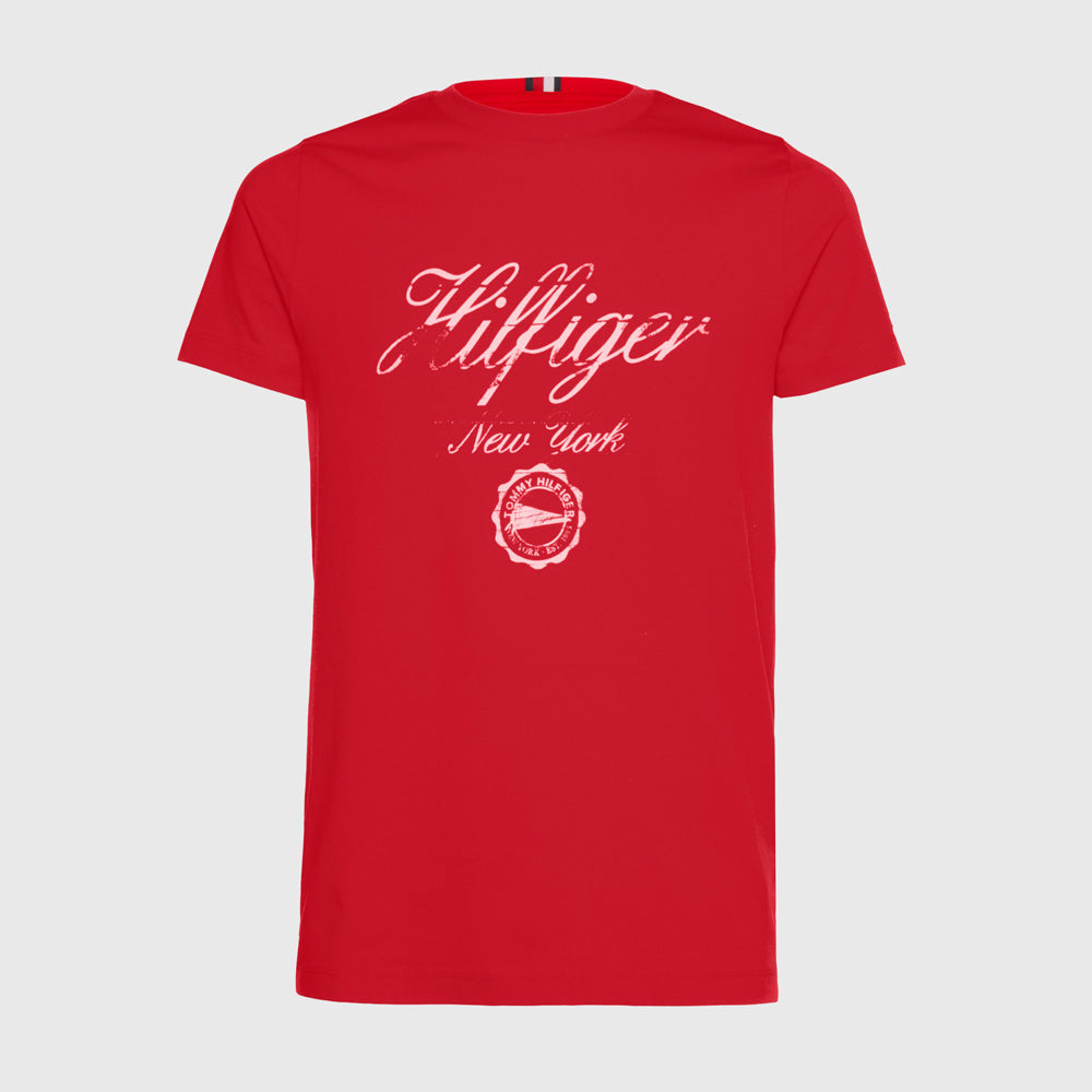 Faded Script Print T-Shirt - Red