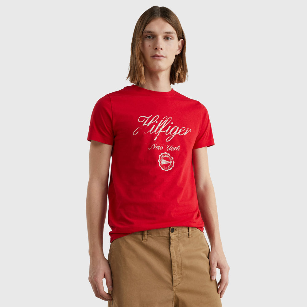 Faded Script Print T-Shirt - Red