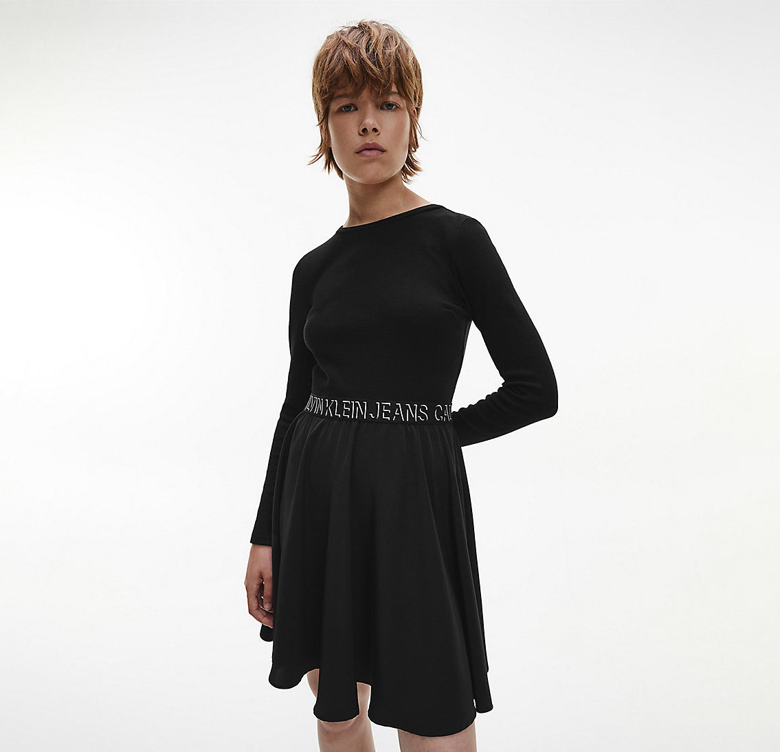 CK Fit and Flare Elastic Logo Dress Black