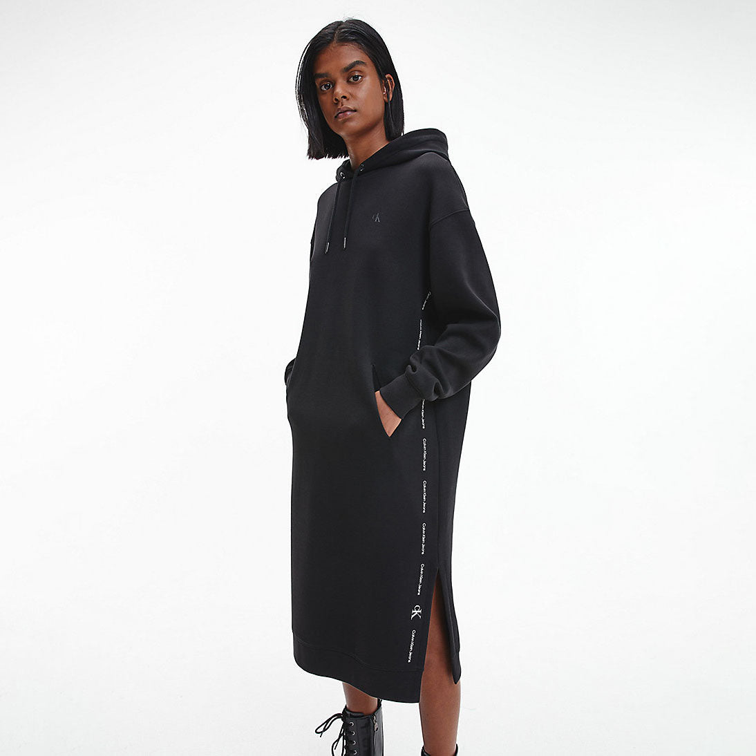 Repeat Logo Hooded Sweatshirt Dress Black