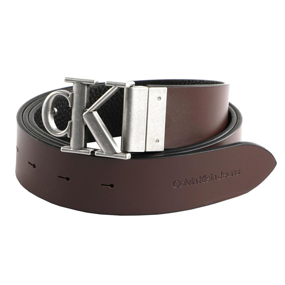 35mm Round Monogram Leather Belt  - Black/ Bitter Brown