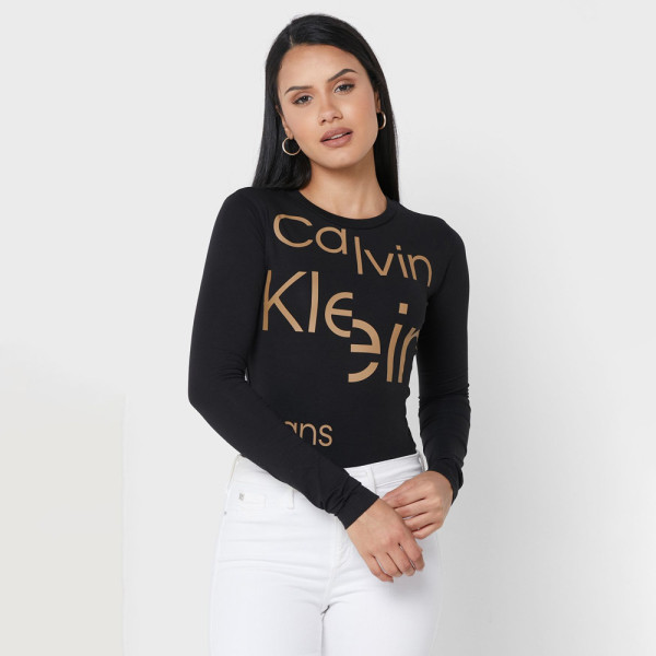 Calvin Klein Jeans BADGE COLLAR LONG SLEEVES - Long sleeved top - black 