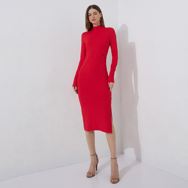 Calvin Klein Shiny Rib High Neck Dress - Red |ThirdbaseUrban